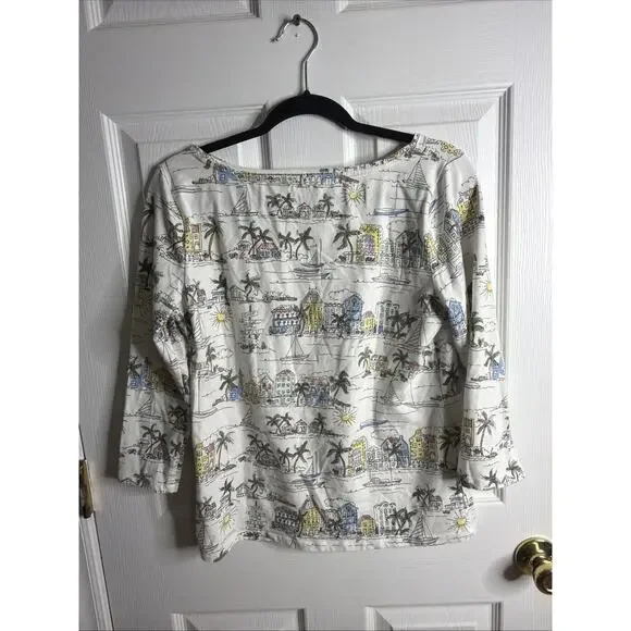 Talbots Med Scenic Print Boat Neck 3/4 Sleeve Tee Top - Picture 4 of 6